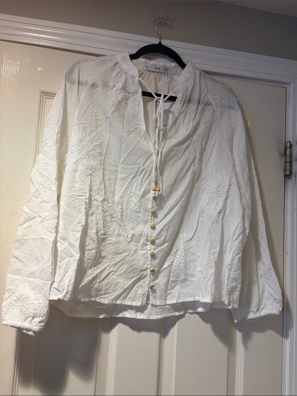 Mango 100%Cotton Embroidered Button-Up Peasant Blouse in White 6
